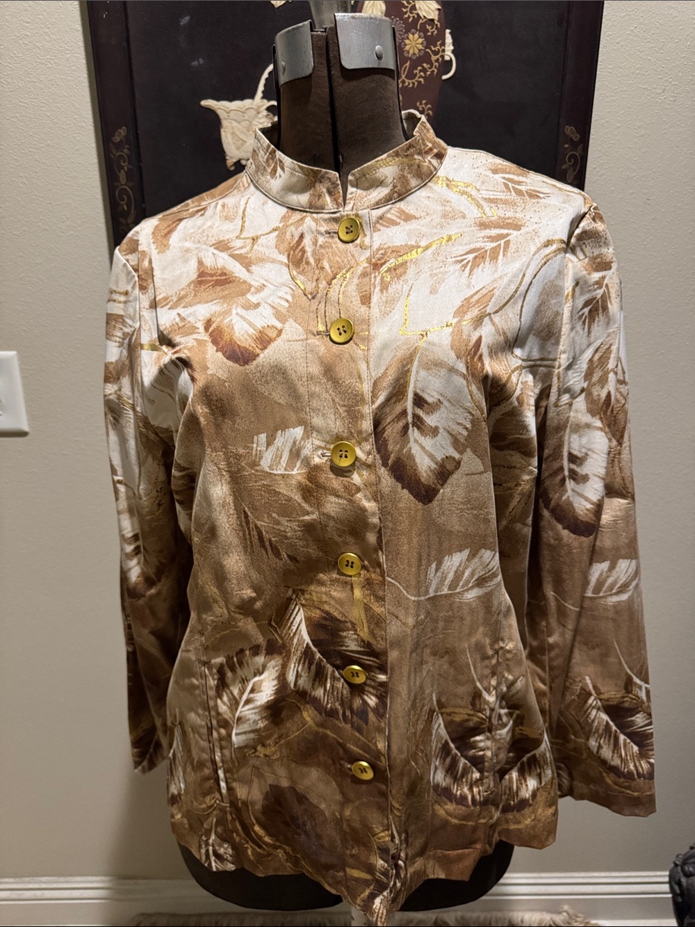 Chico's Tan, Brown and Cream Palm Leaf Print Mandarin Jacket Sz 2